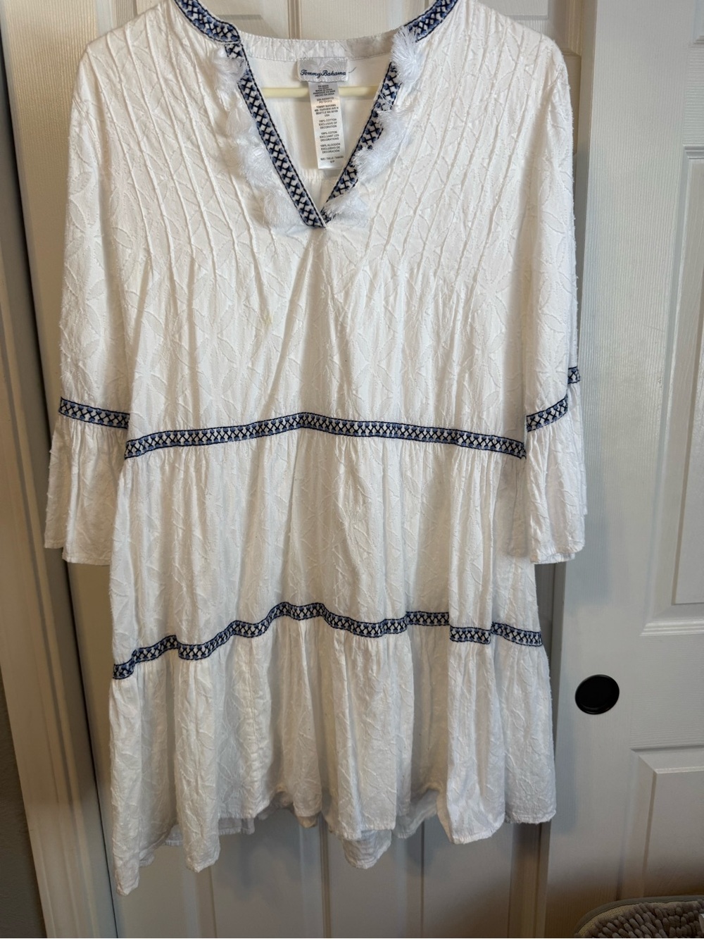 Tommy Bahama White V-Neck Cotton Tunic with Navy Trim